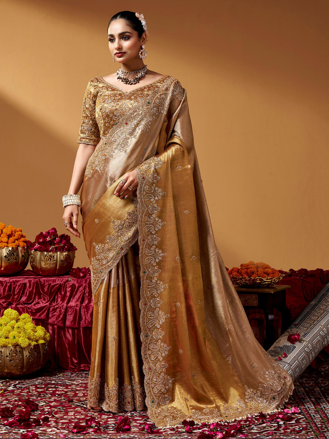 Gorgeous Golden Beads Work Silk Wedding Wear Saree