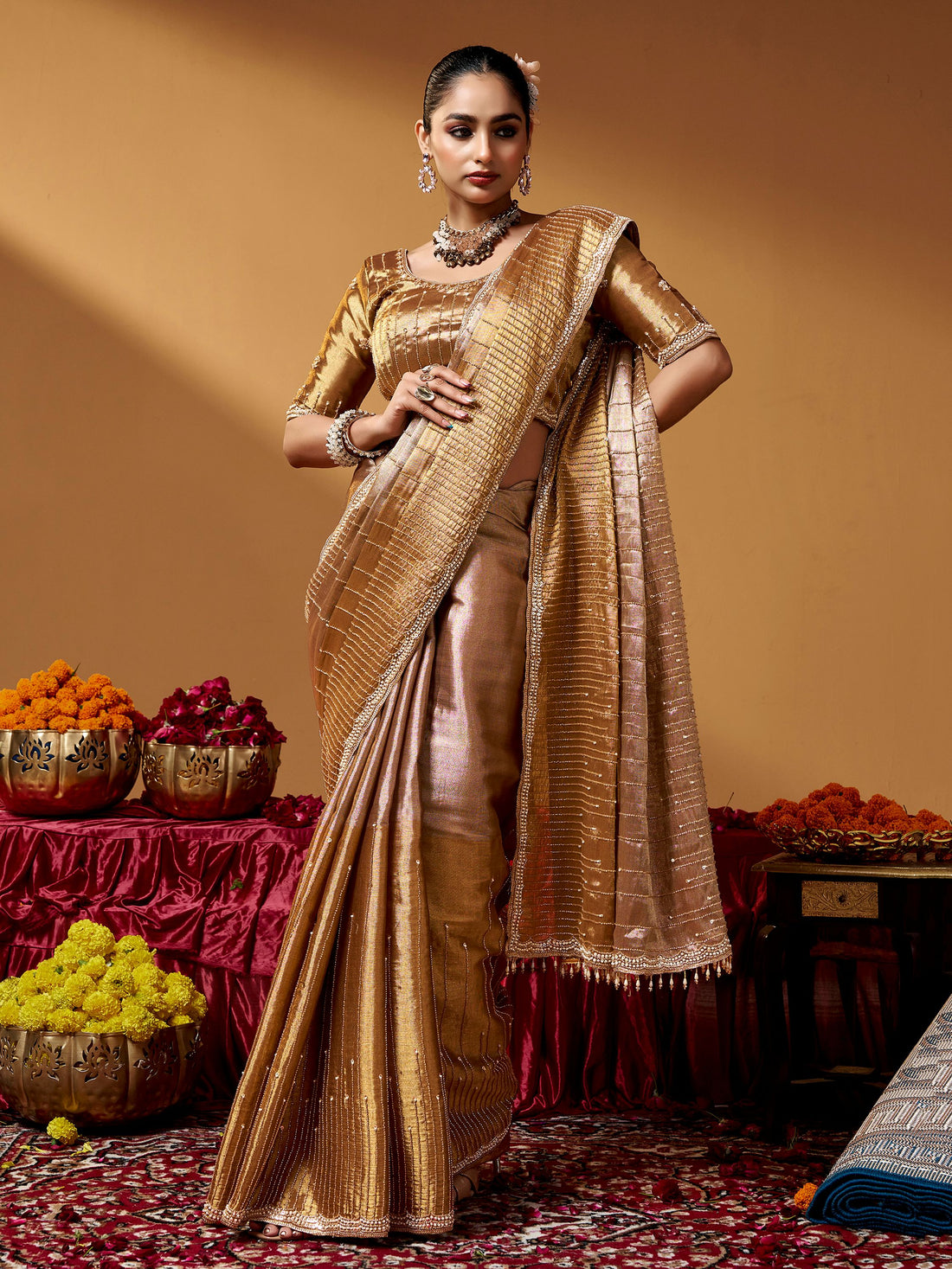 Stunning Golden Hand Embroidery Silk Marriage Wear Saree