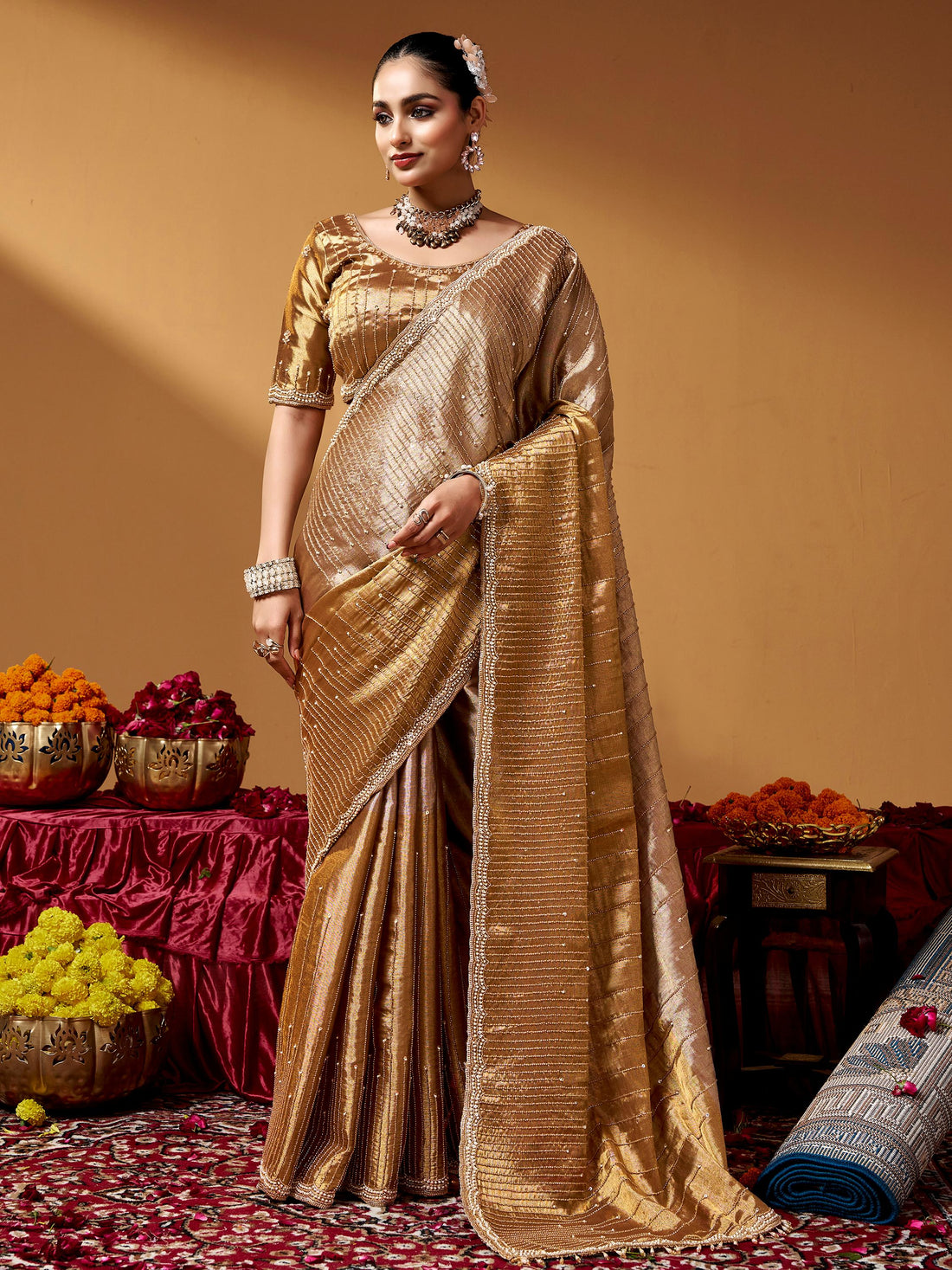 Stunning Golden Hand Embroidery Silk Marriage Wear Saree