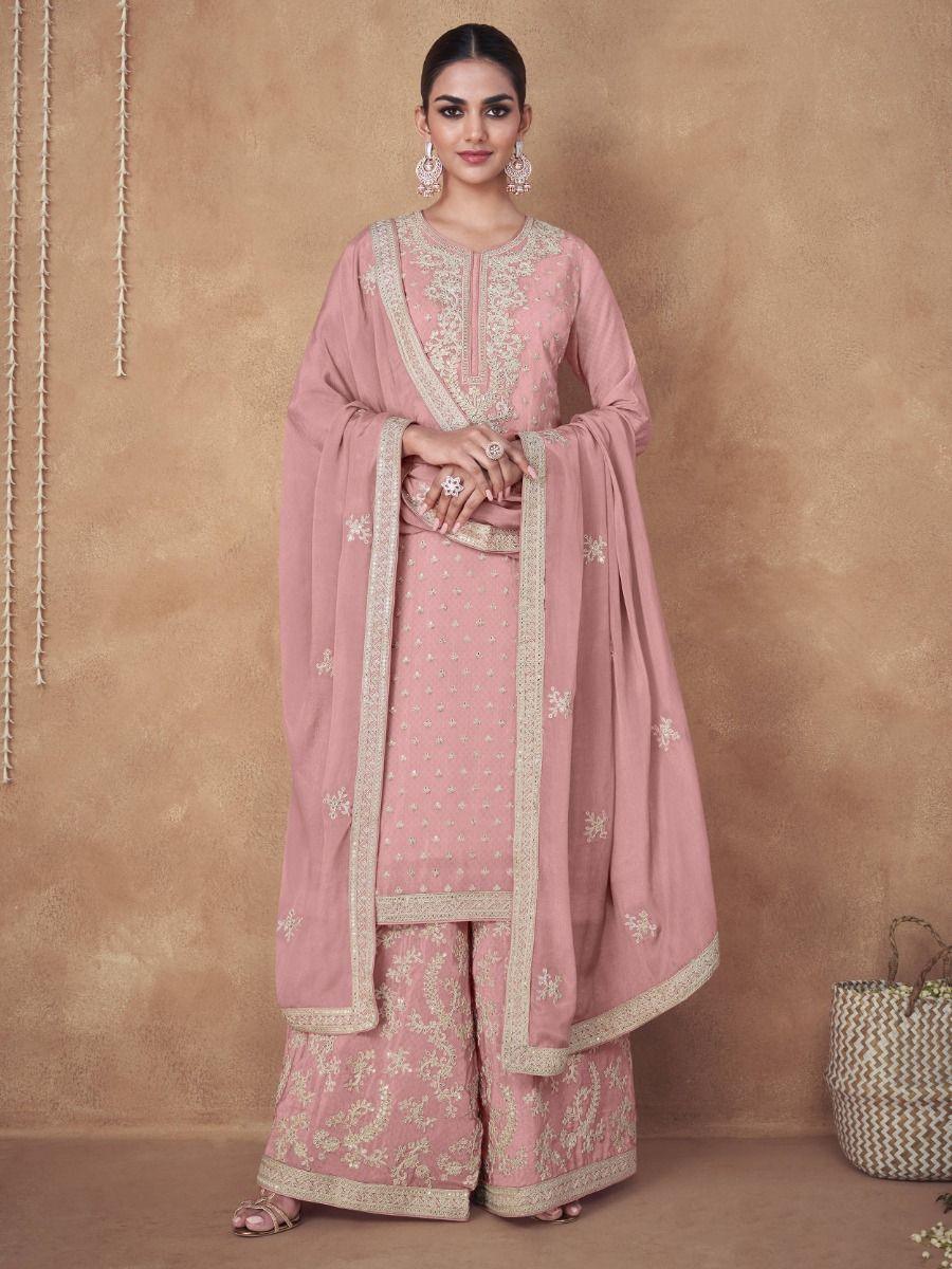 Stunning Baby Pink Sequins Chinon Reception Wear Palazzo Suit