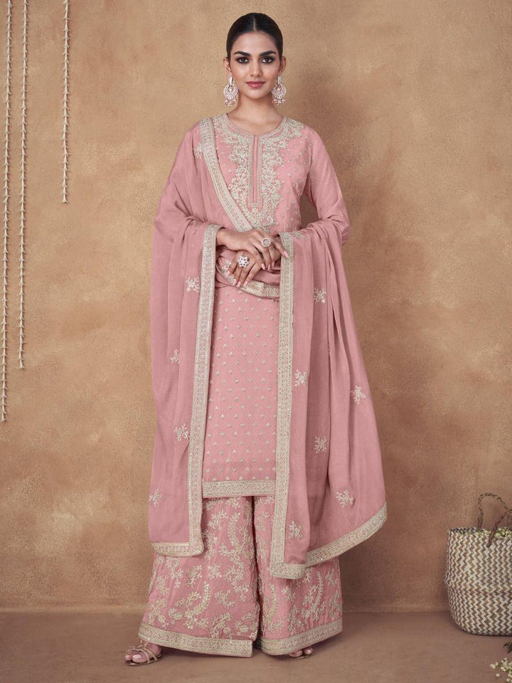 Stunning Baby Pink Sequins Chinon Reception Wear Palazzo Suit