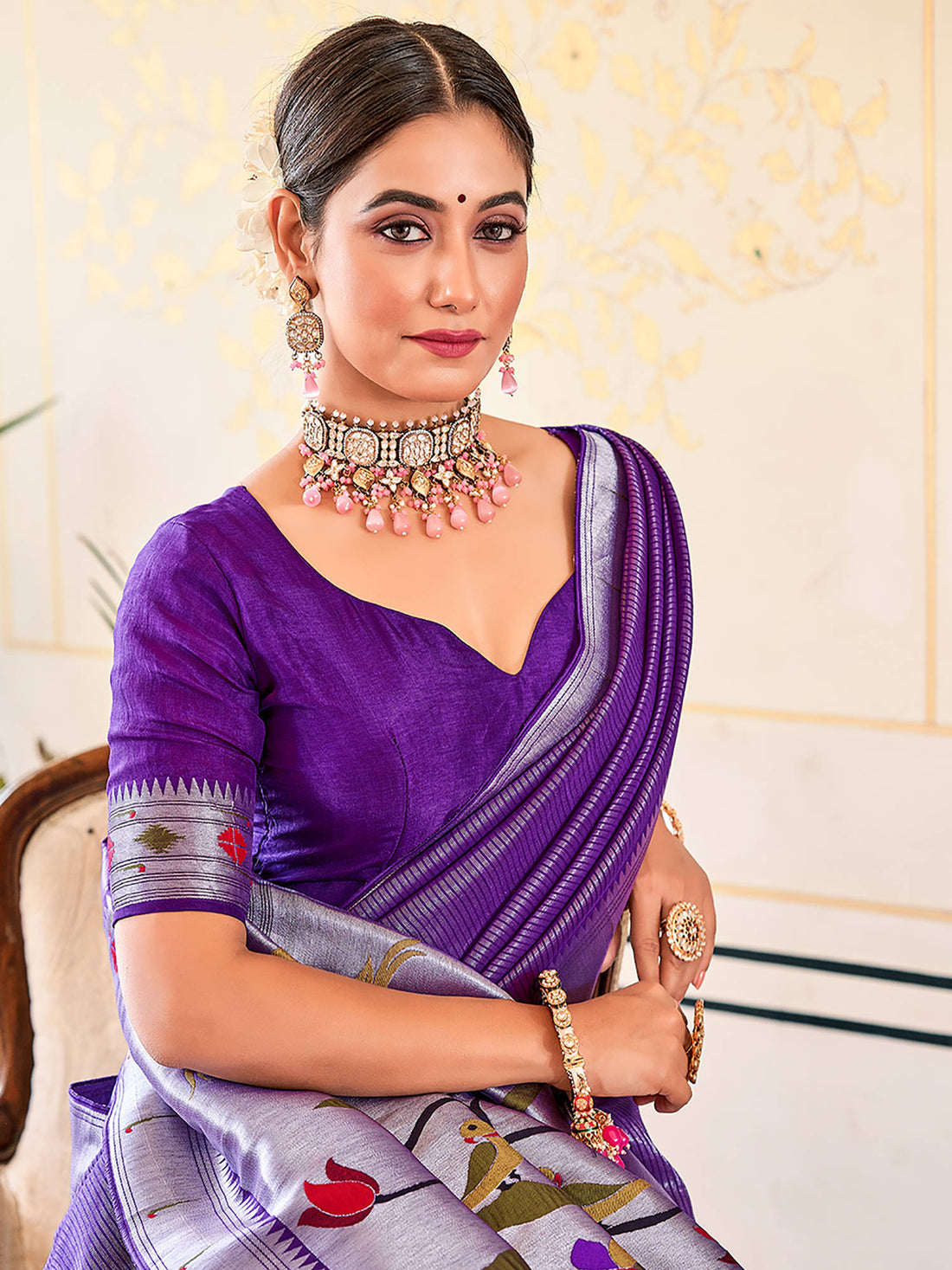 Captivating Purple Zari Work Paithani Meenakari Traditional Saree