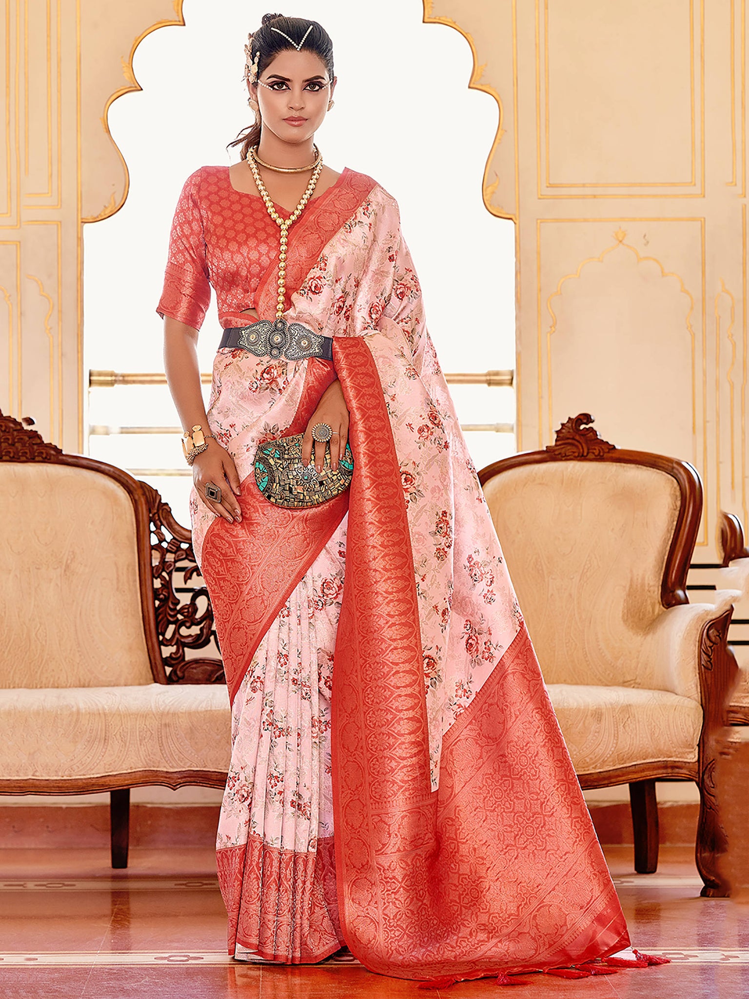 Alluring Peach Floral Print Softy Silk Traditional Saree With Blouse