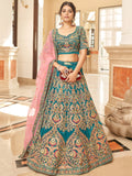 Gorgeous Teal Blue Embroidered Velvet Bridal Wear Lehenga Choli