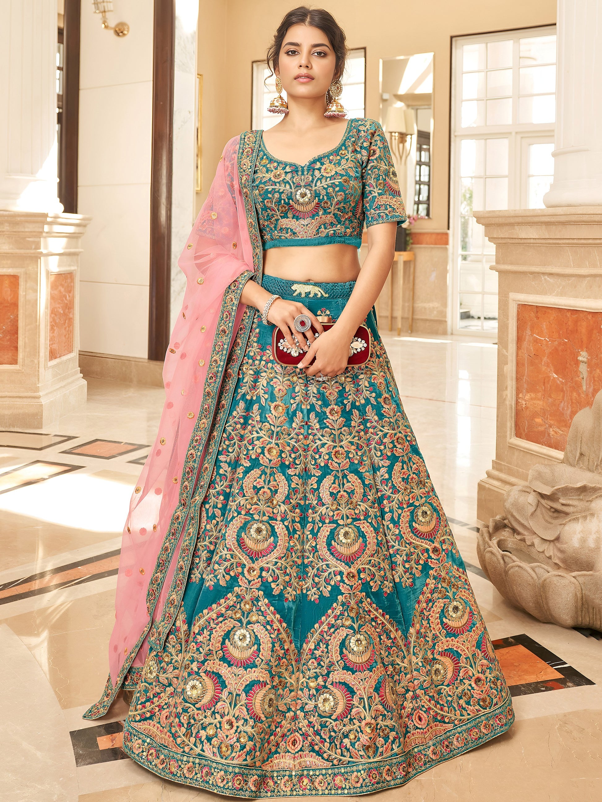 Gorgeous Teal Blue Embroidered Velvet Bridal Wear Lehenga Choli