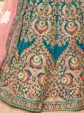 Gorgeous Teal Blue Embroidered Velvet Bridal Wear Lehenga Choli