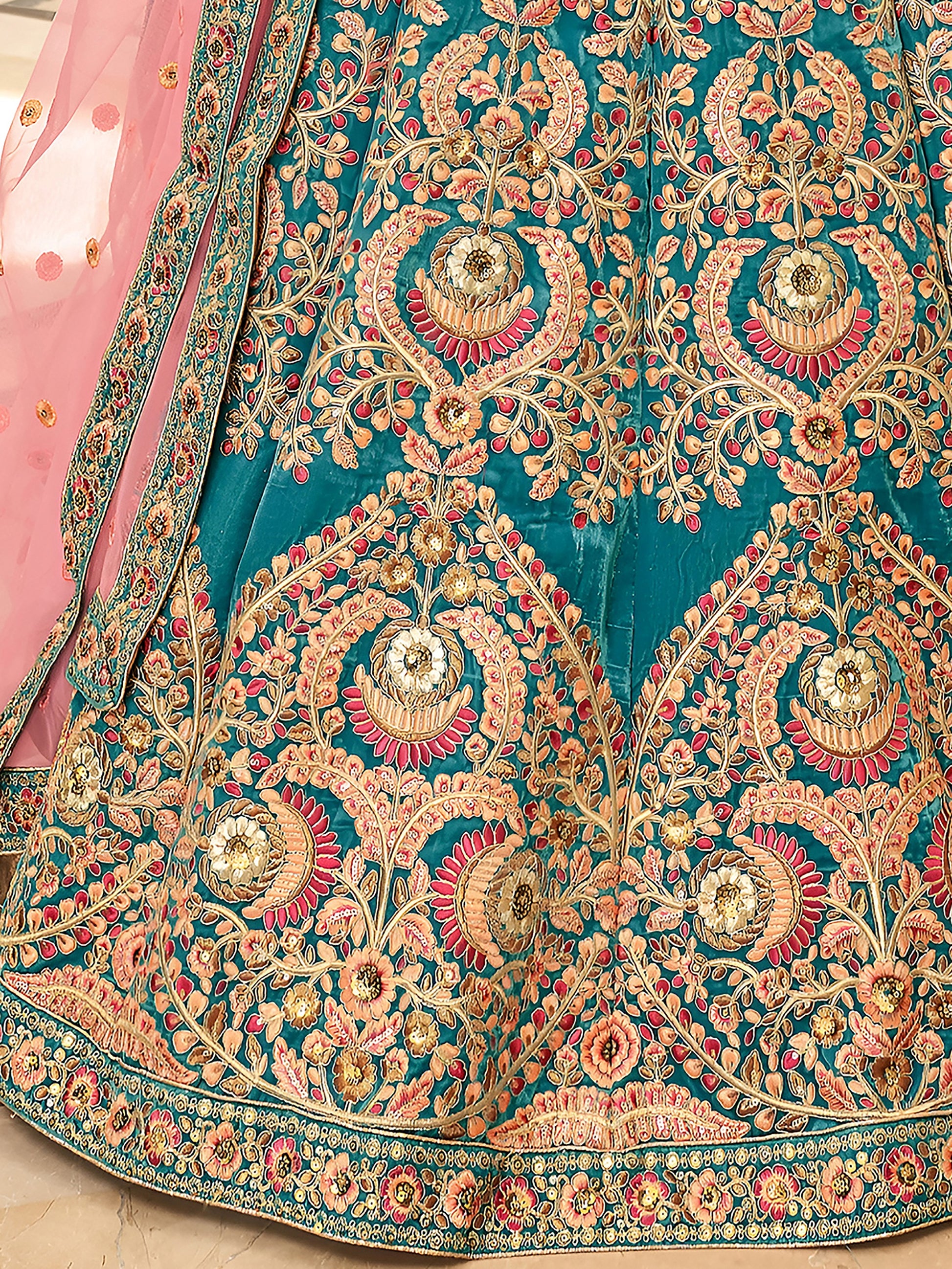 Gorgeous Teal Blue Embroidered Velvet Bridal Wear Lehenga Choli