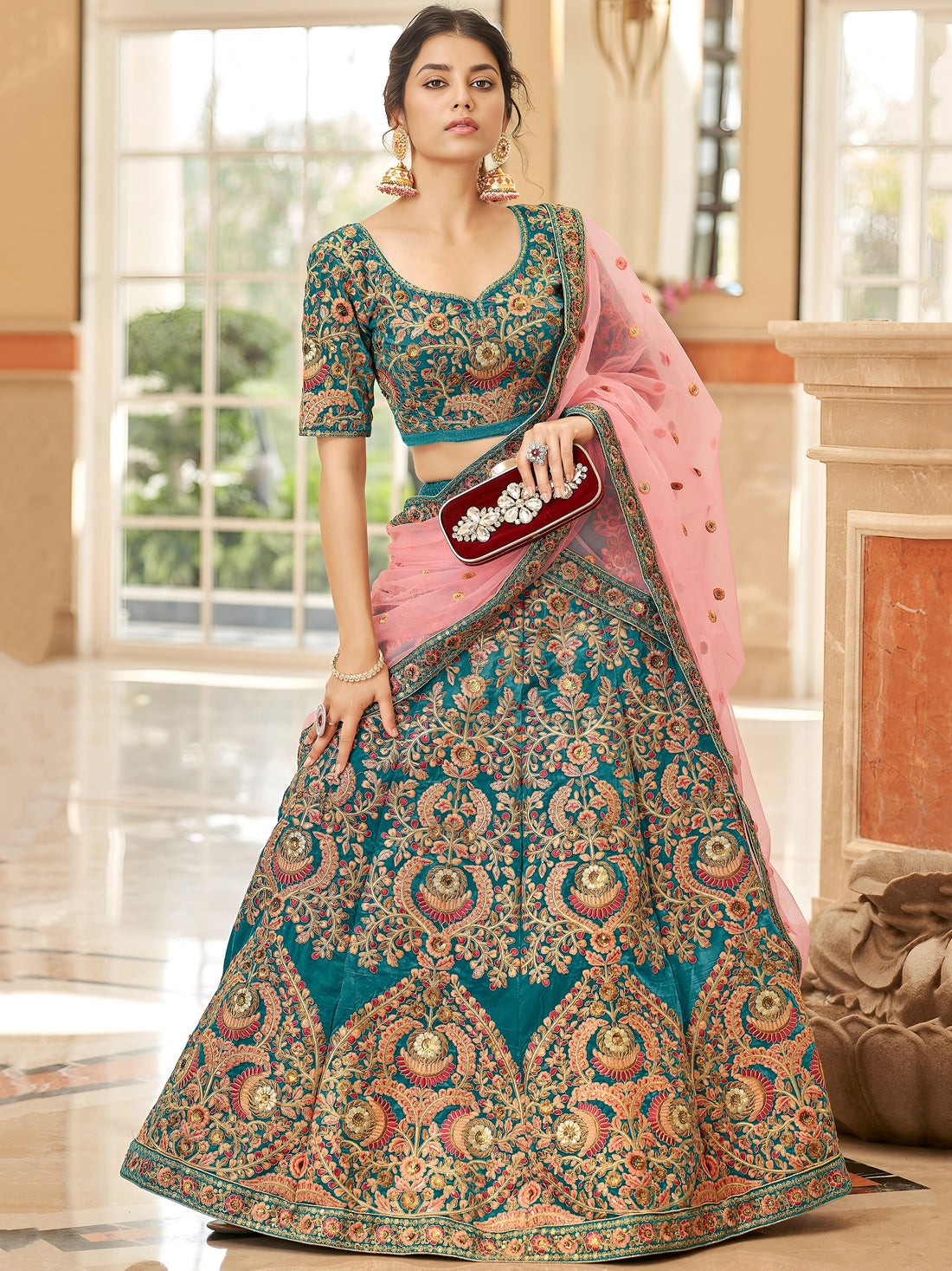 Gorgeous Teal Blue Embroidered Velvet Bridal Wear Lehenga Choli