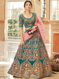 Gorgeous Teal Blue Embroidered Velvet Bridal Wear Lehenga Choli