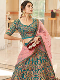 Gorgeous Teal Blue Embroidered Velvet Bridal Wear Lehenga Choli
