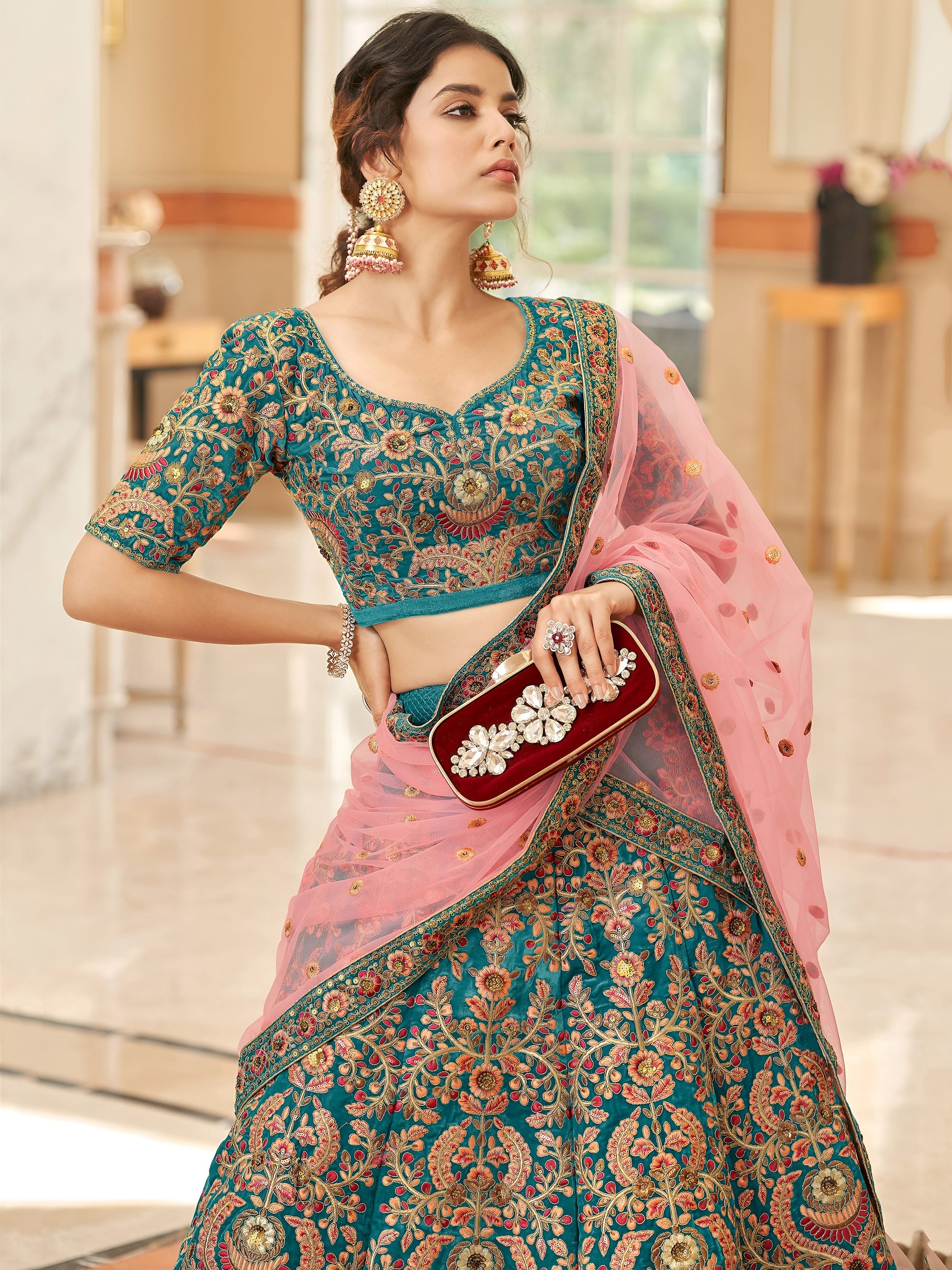 Gorgeous Teal Blue Embroidered Velvet Bridal Wear Lehenga Choli