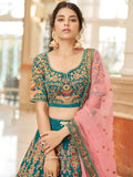 Gorgeous Teal Blue Embroidered Velvet Bridal Wear Lehenga Choli