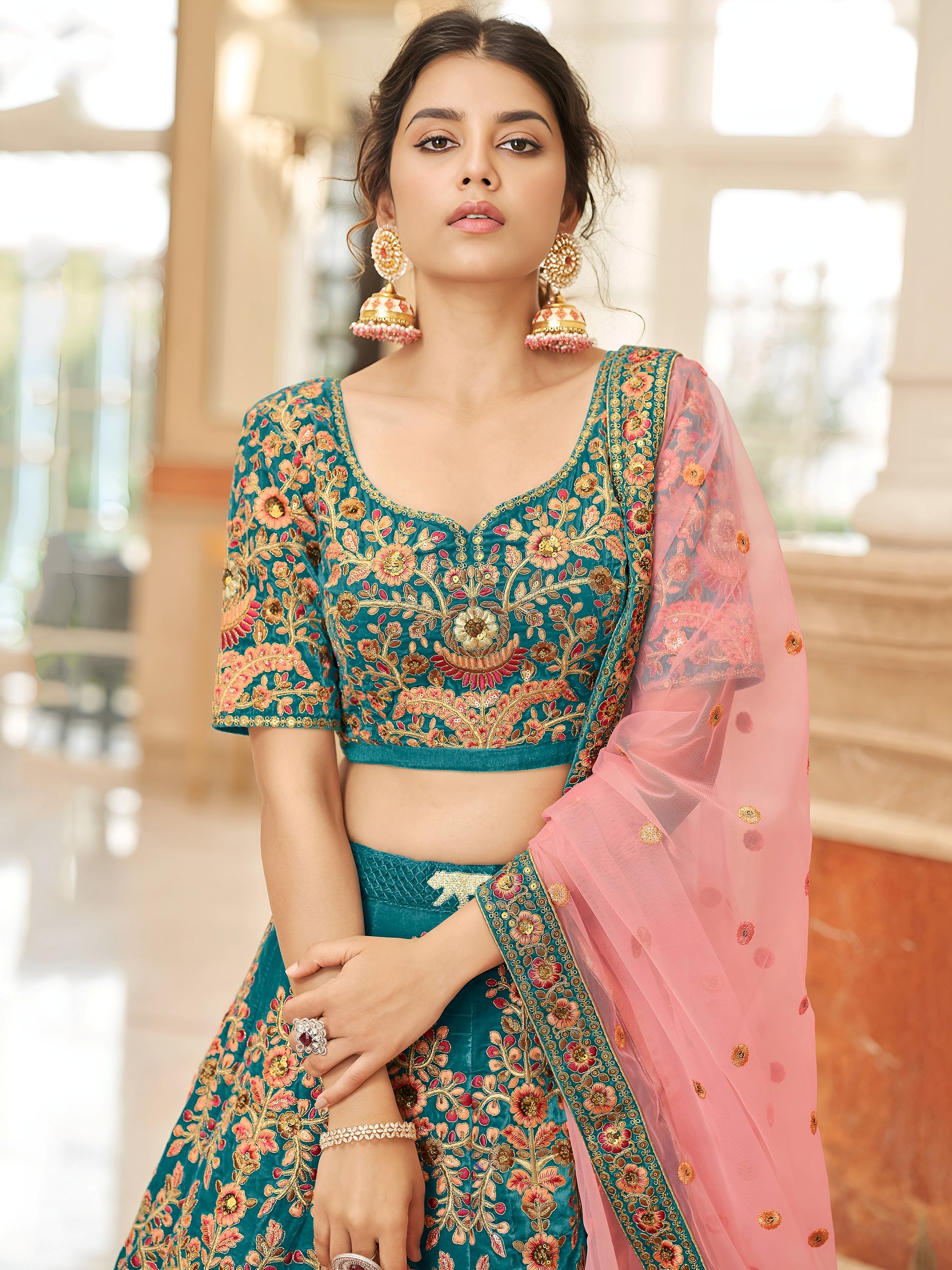 Gorgeous Teal Blue Embroidered Velvet Bridal Wear Lehenga Choli