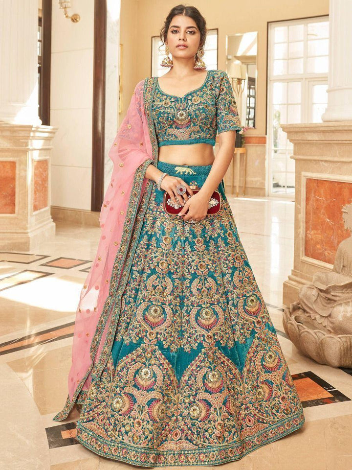 Gorgeous Teal Blue Embroidered Velvet Bridal Wear Lehenga Choli