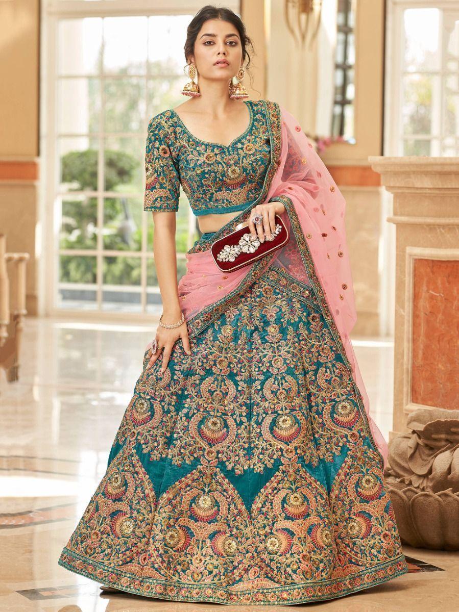 Gorgeous Teal Blue Embroidered Velvet Bridal Wear Lehenga Choli