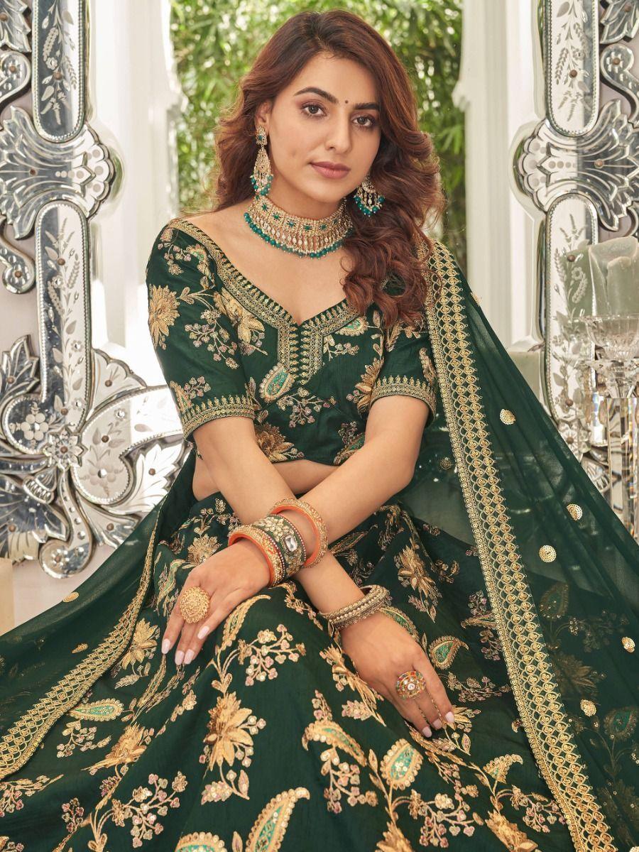 Stunning Green Embroidered Art Silk Wedding Wear Lehenga Choli