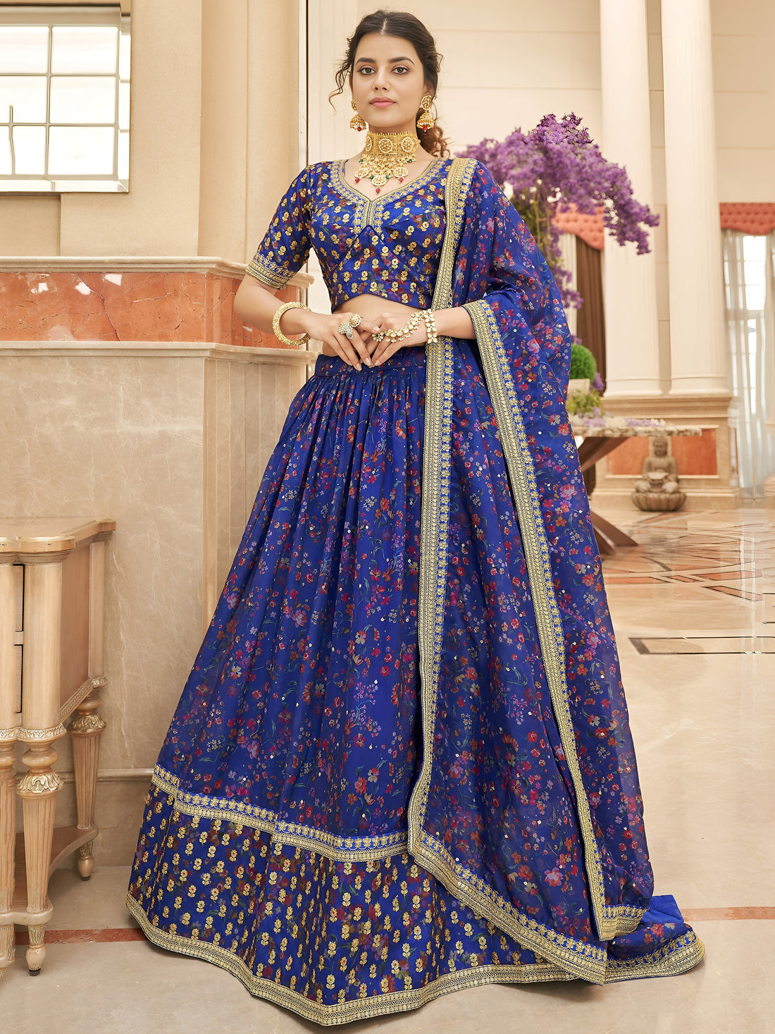 Beautiful Blue Digital Printed Organza Reception Wear Lehenga Choli