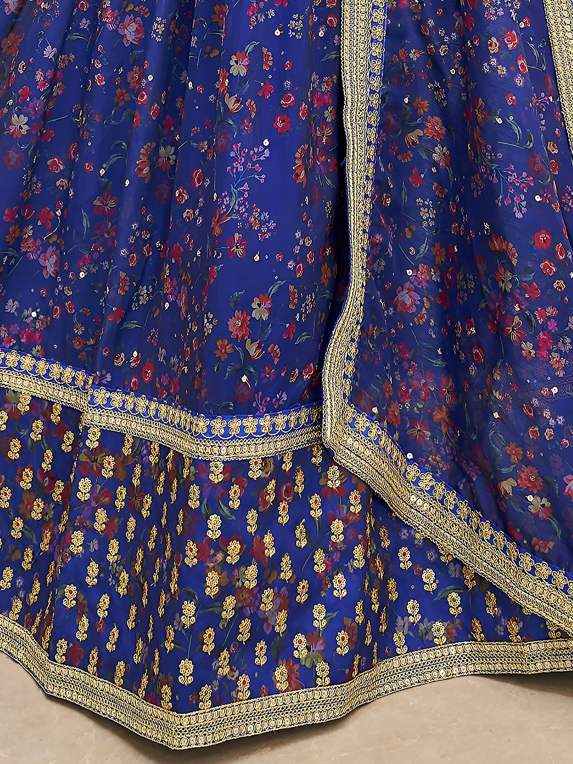 Beautiful Blue Digital Printed Organza Reception Wear Lehenga Choli