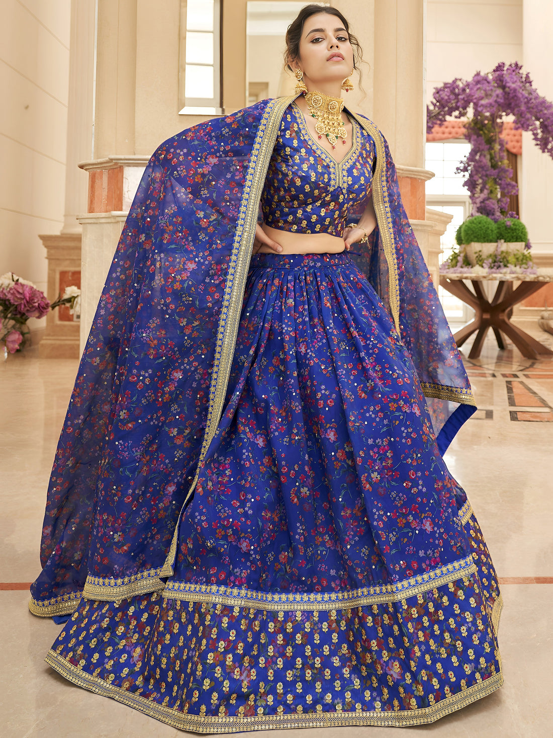 Beautiful Blue Digital Printed Organza Reception Wear Lehenga Choli