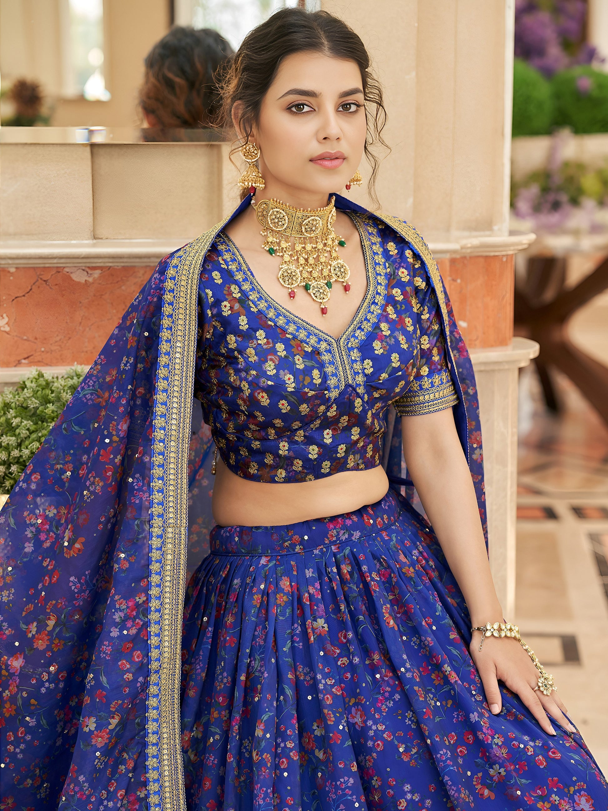 Beautiful Blue Digital Printed Organza Reception Wear Lehenga Choli