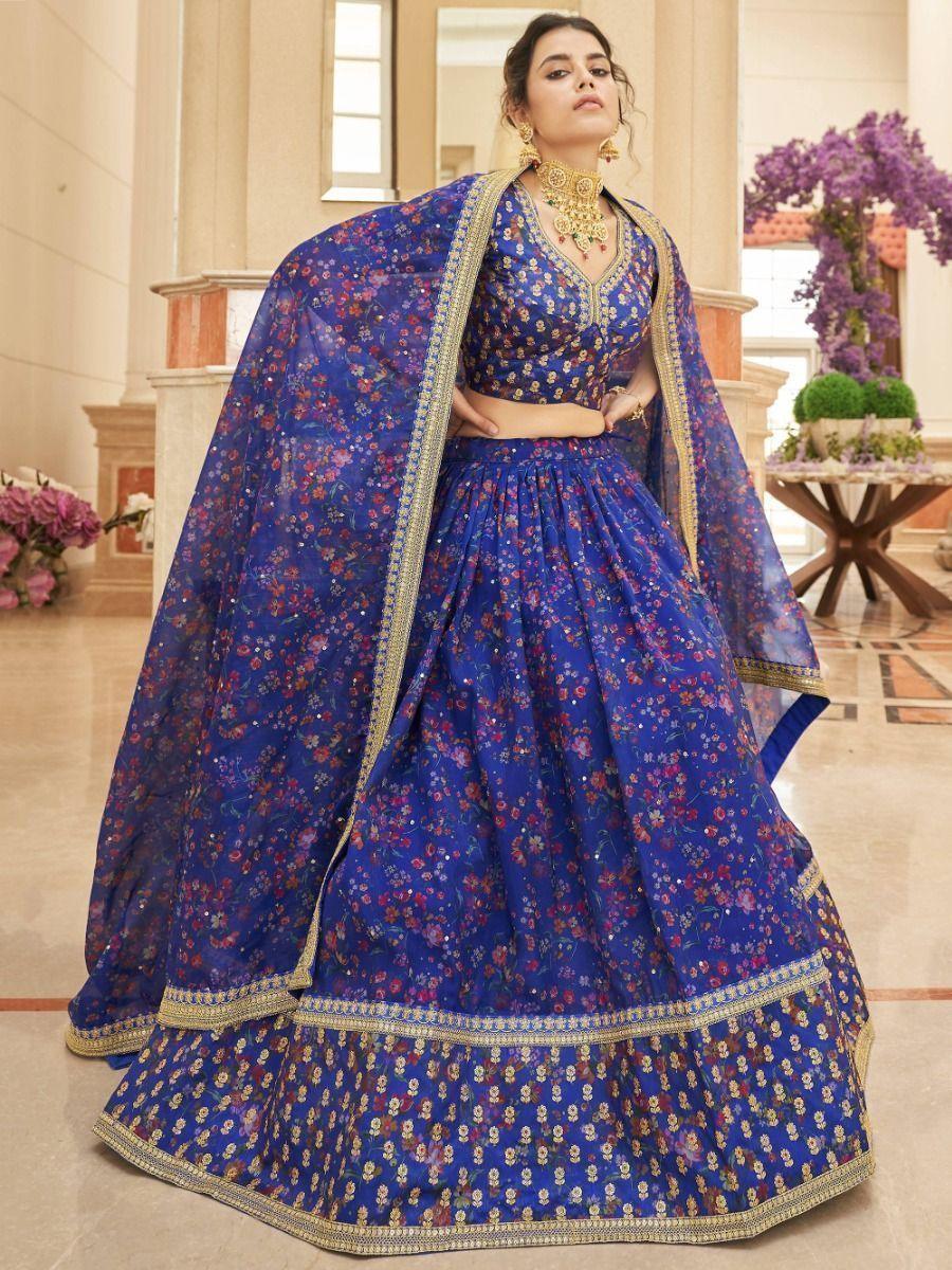 Beautiful Blue Digital Printed Organza Reception Wear Lehenga Choli