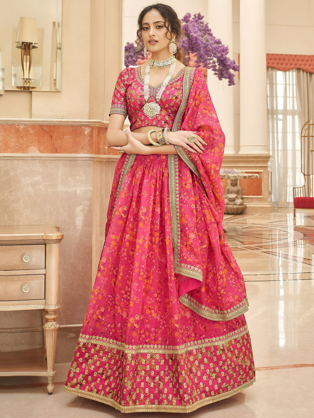 Gorgeous Pink Floral Printed Organza Traditional Lehenga Choli