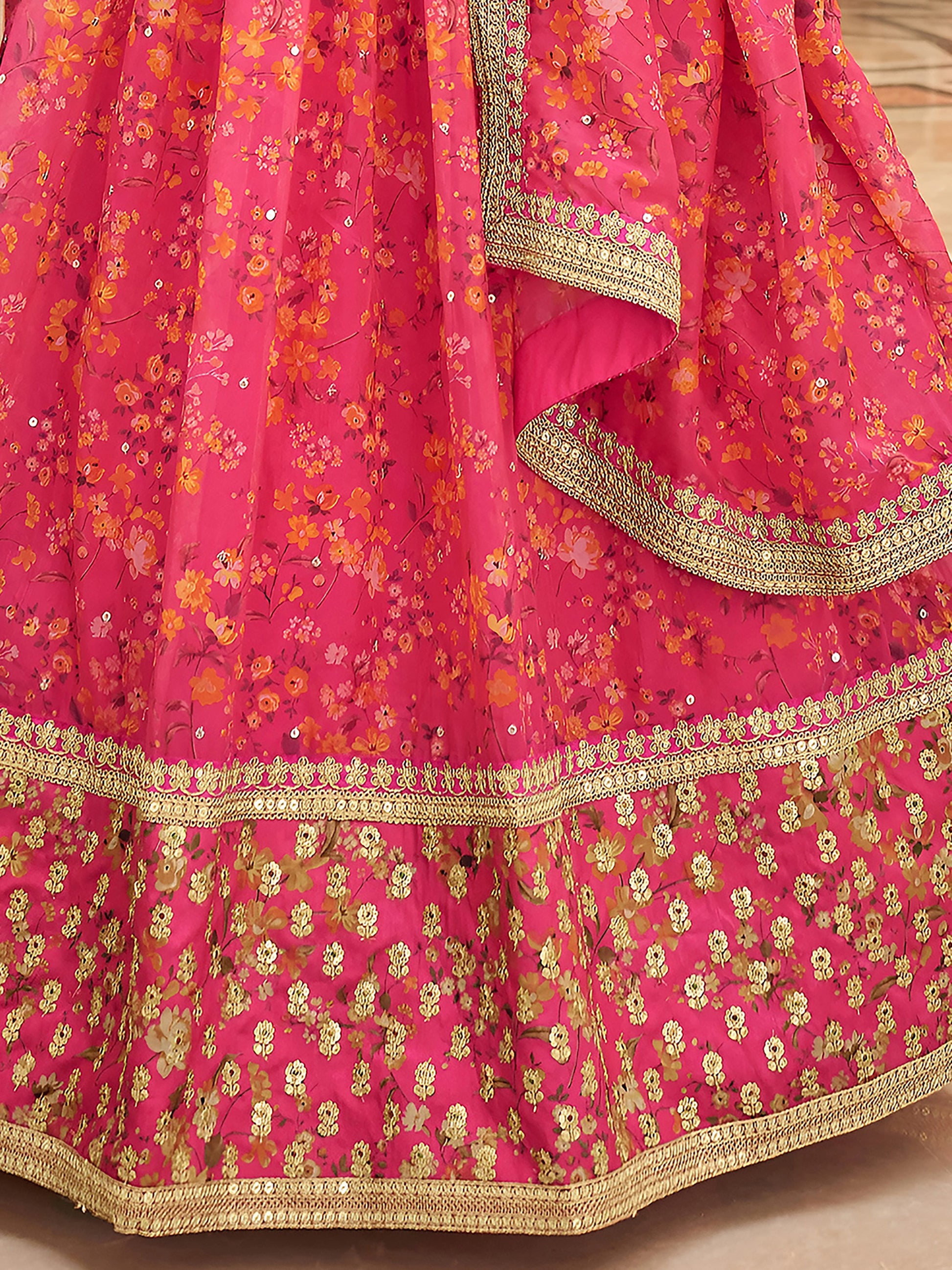 Gorgeous Pink Floral Printed Organza Traditional Lehenga Choli