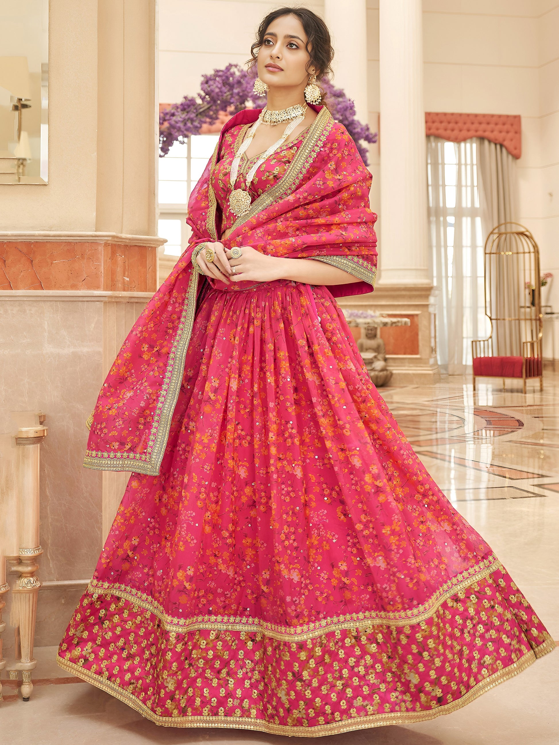 Gorgeous Pink Floral Printed Organza Traditional Lehenga Choli