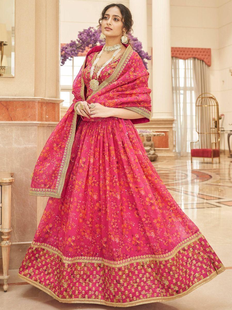 Gorgeous Pink Floral Printed Organza Traditional Lehenga Choli