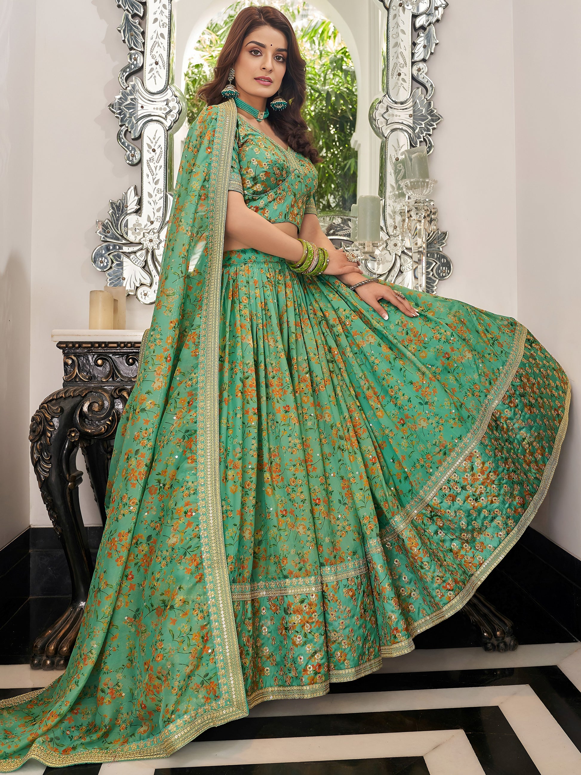 Attractive Green Floral Printed Organza Mehendi Wear Lehenga Choli
