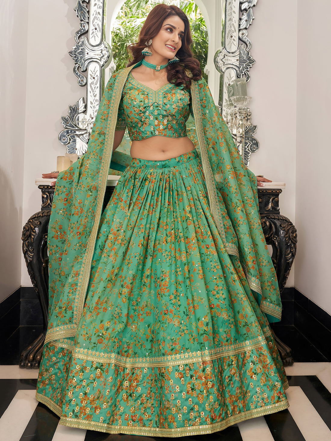 Attractive Green Floral Printed Organza Mehendi Wear Lehenga Choli