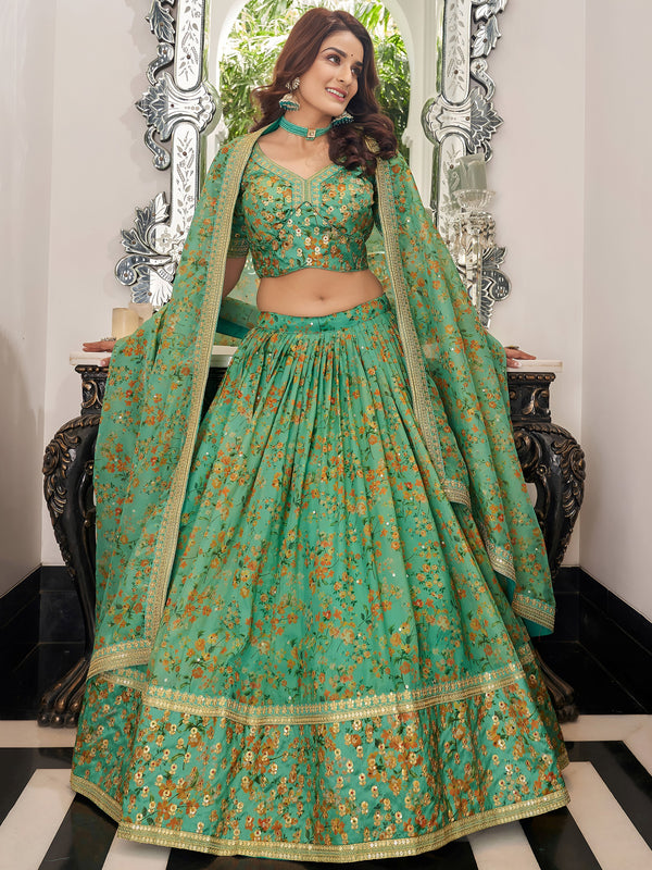 Attractive Green Floral Printed Organza Mehendi Wear Lehenga Choli