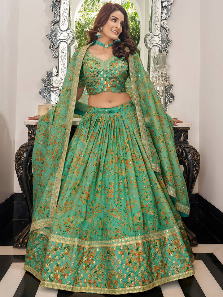 Attractive Green Floral Printed Organza Mehendi Wear Lehenga Choli
