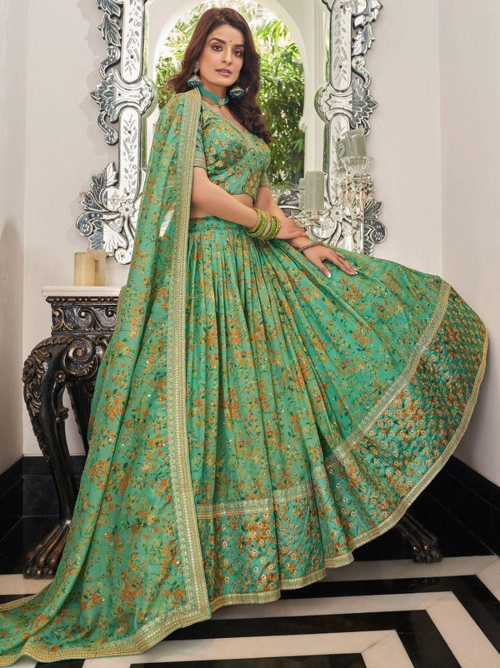 Attractive Green Floral Printed Organza Mehendi Wear Lehenga Choli