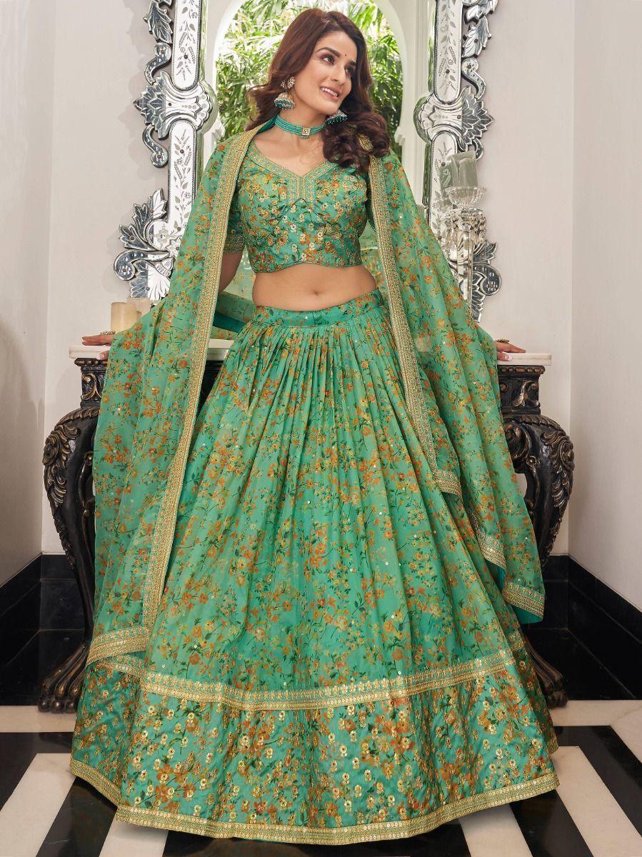 Attractive Green Floral Printed Organza Mehendi Wear Lehenga Choli