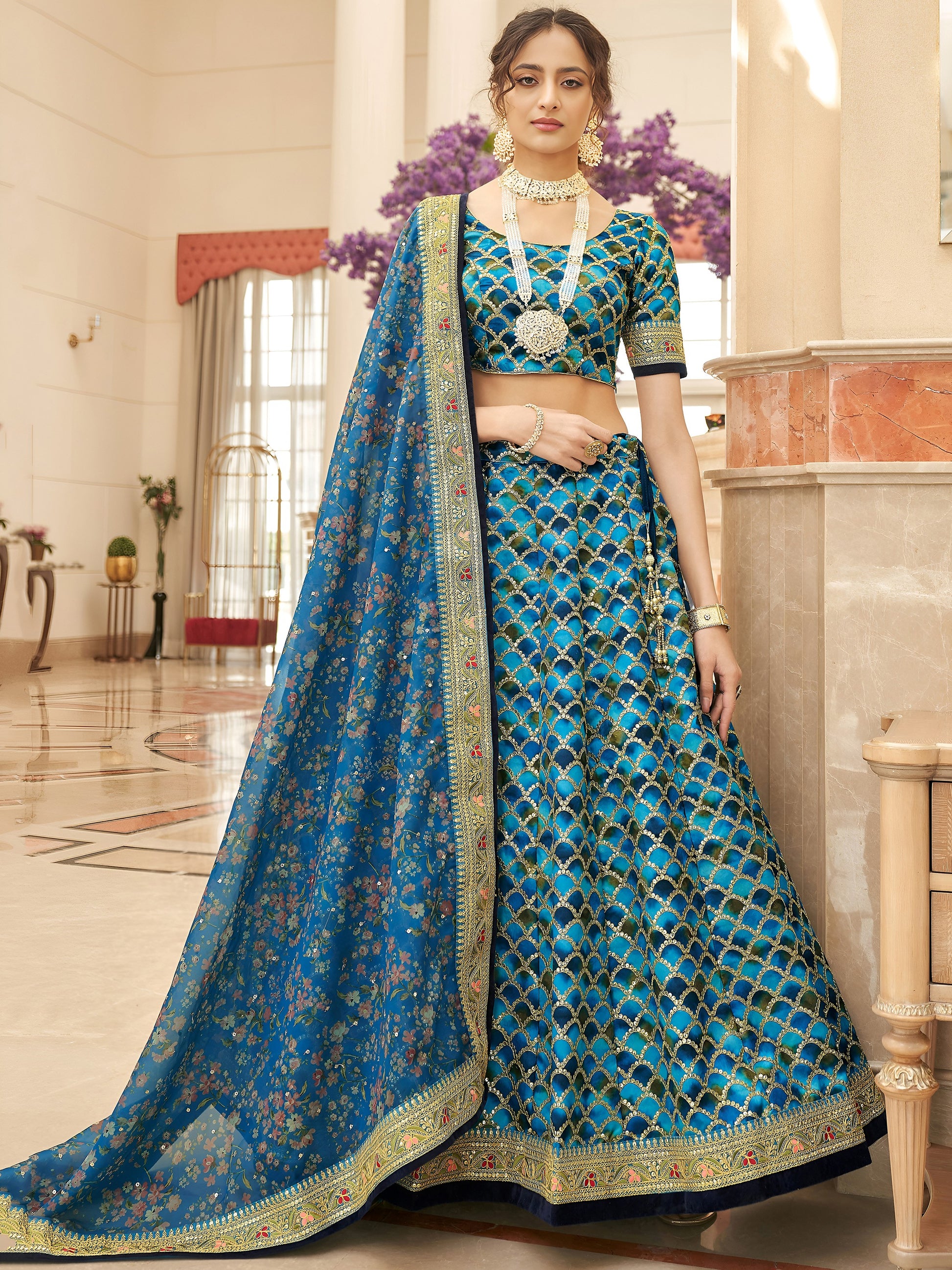 Astonishing Blue Sequins Work Art Silk Sangeet Wear Lehenga Choli
