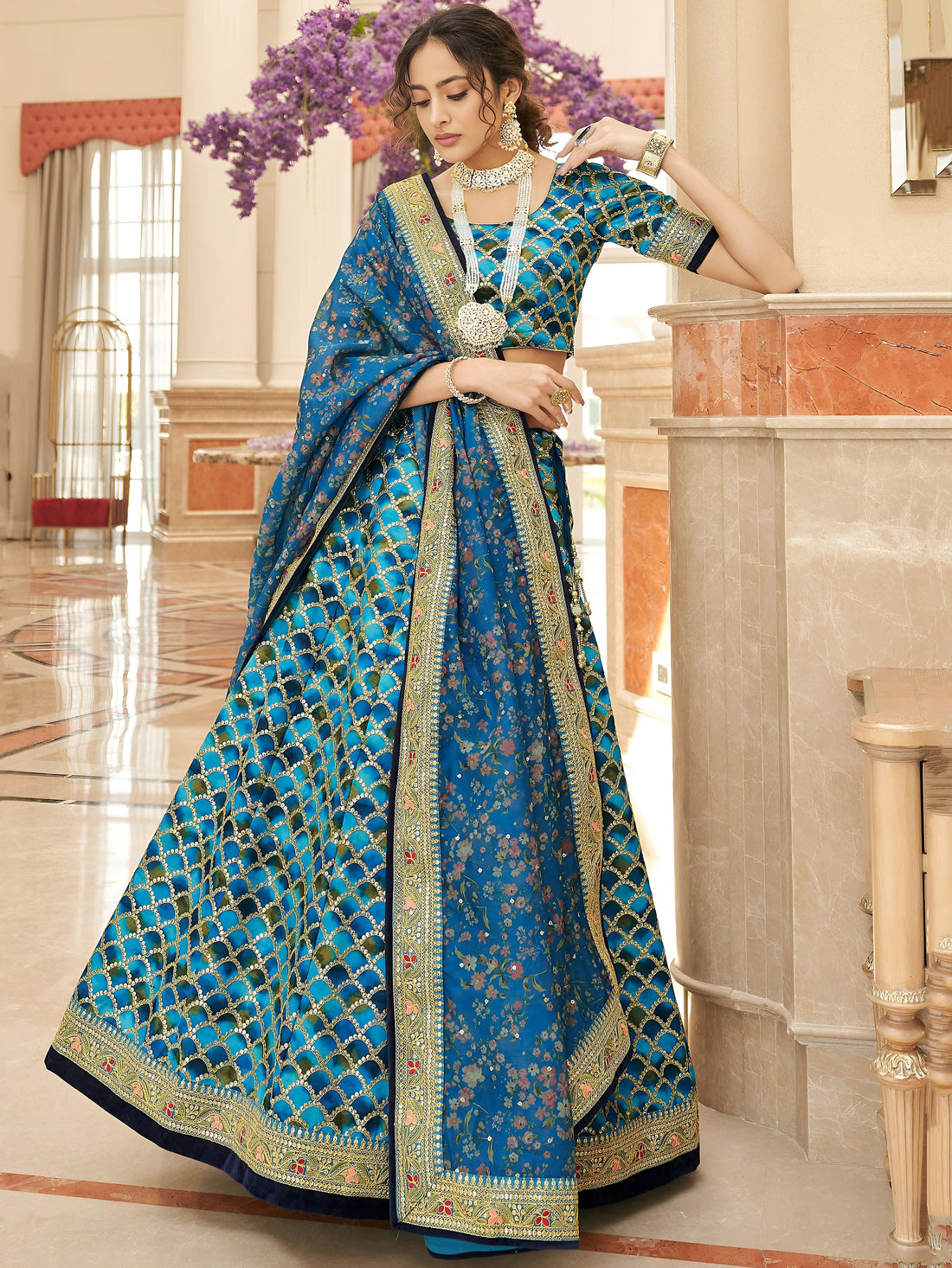 Astonishing Blue Sequins Work Art Silk Sangeet Wear Lehenga Choli