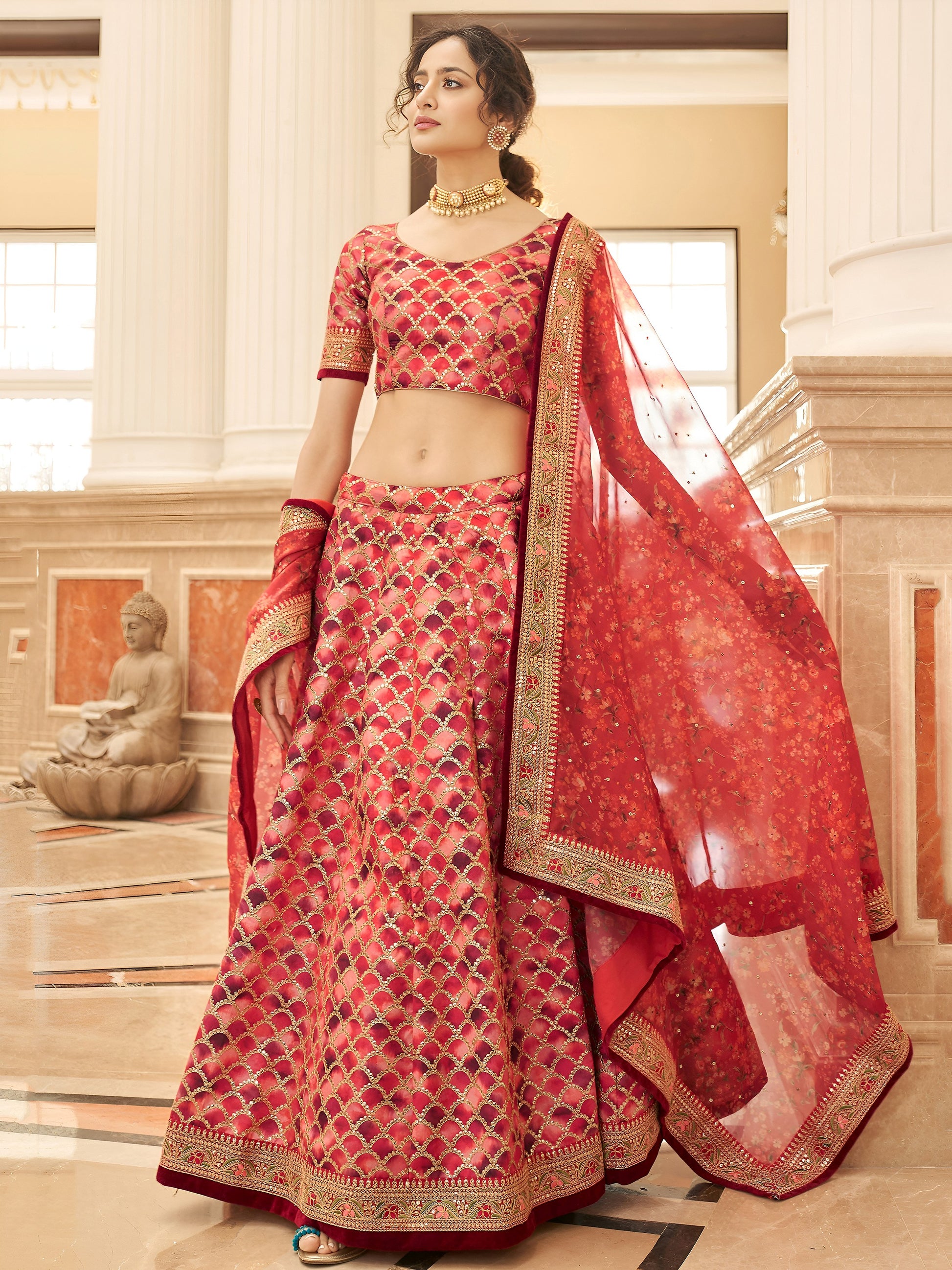 Incredible Red Embroidered Art Silk Traditional Wear Lehenga Choli
