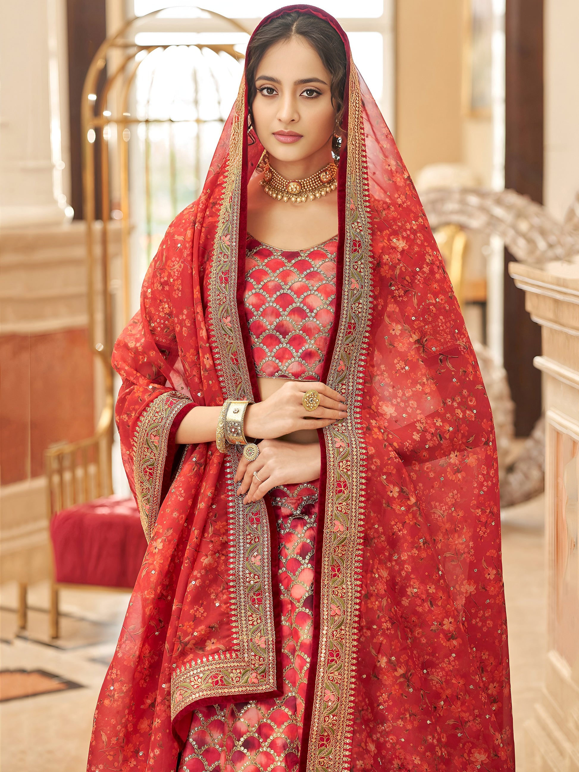 Incredible Red Embroidered Art Silk Traditional Wear Lehenga Choli