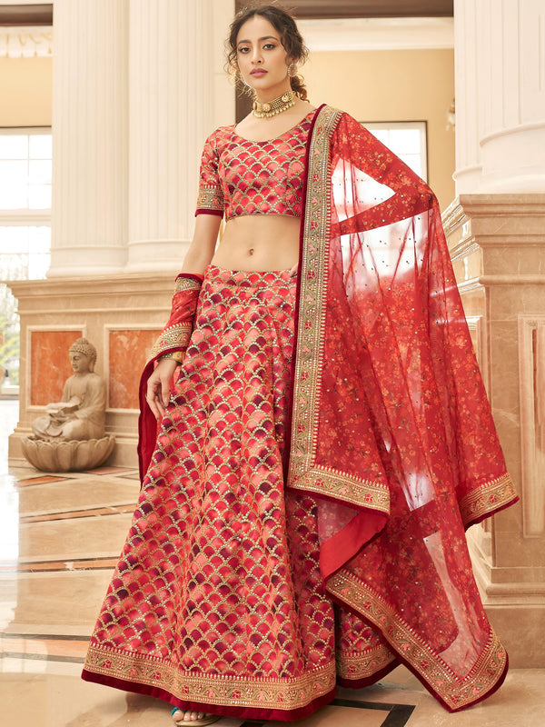 Incredible Red Embroidered Art Silk Traditional Wear Lehenga Choli