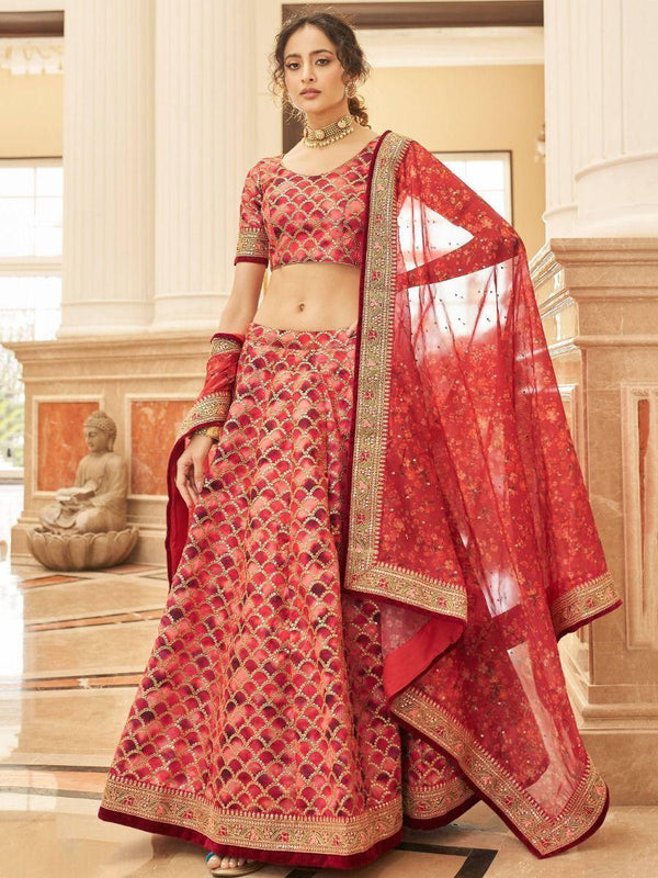 Incredible Red Embroidered Art Silk Traditional Wear Lehenga Choli