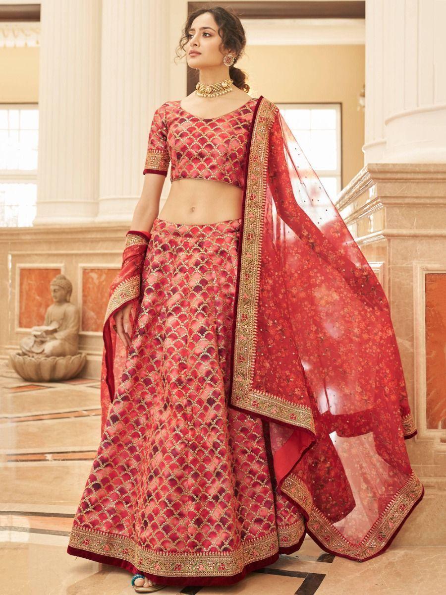 Incredible Red Embroidered Art Silk Traditional Wear Lehenga Choli