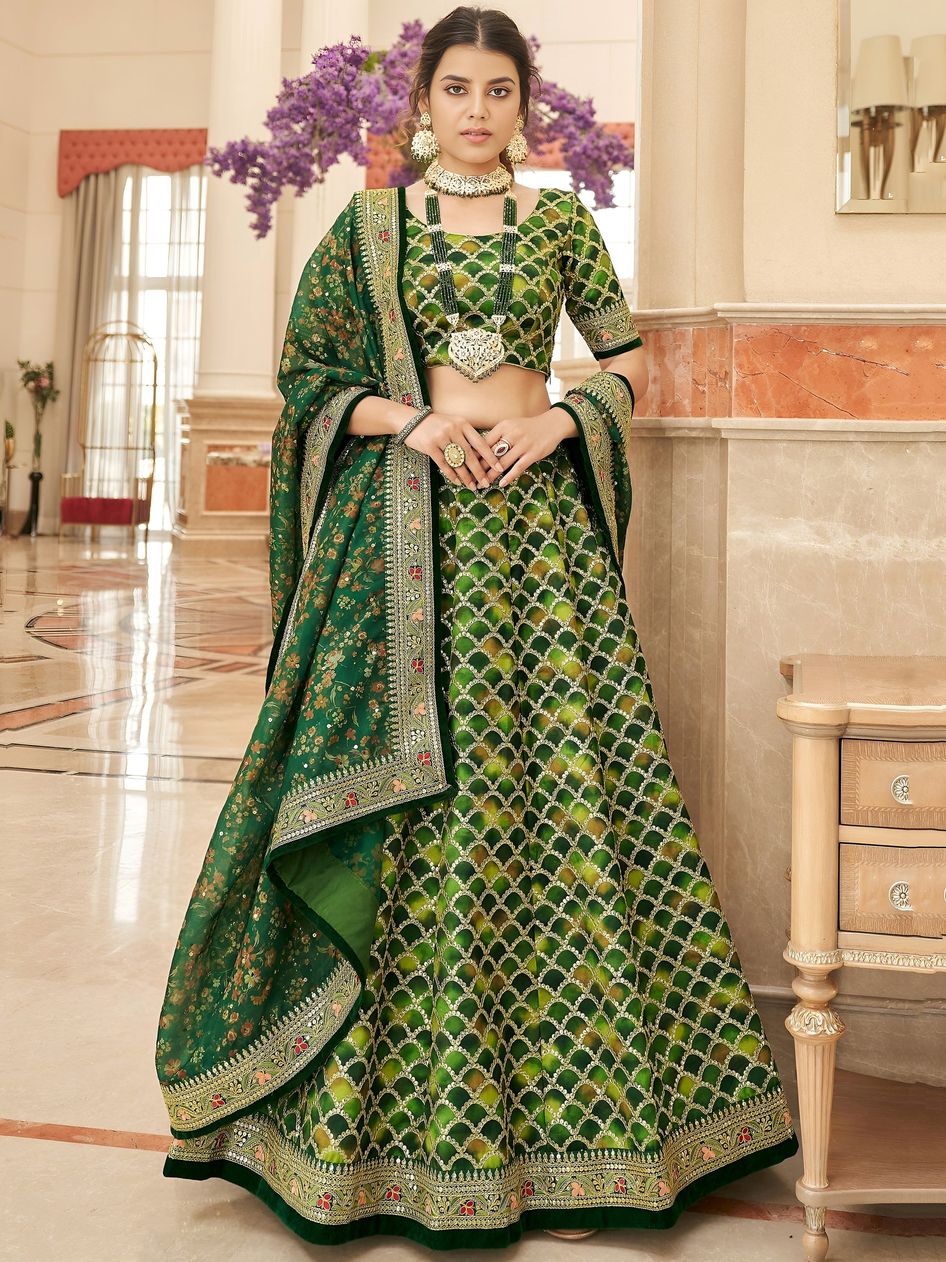 Improbable Green Sequins Art Silk Engagement Wear Lehenga Choli