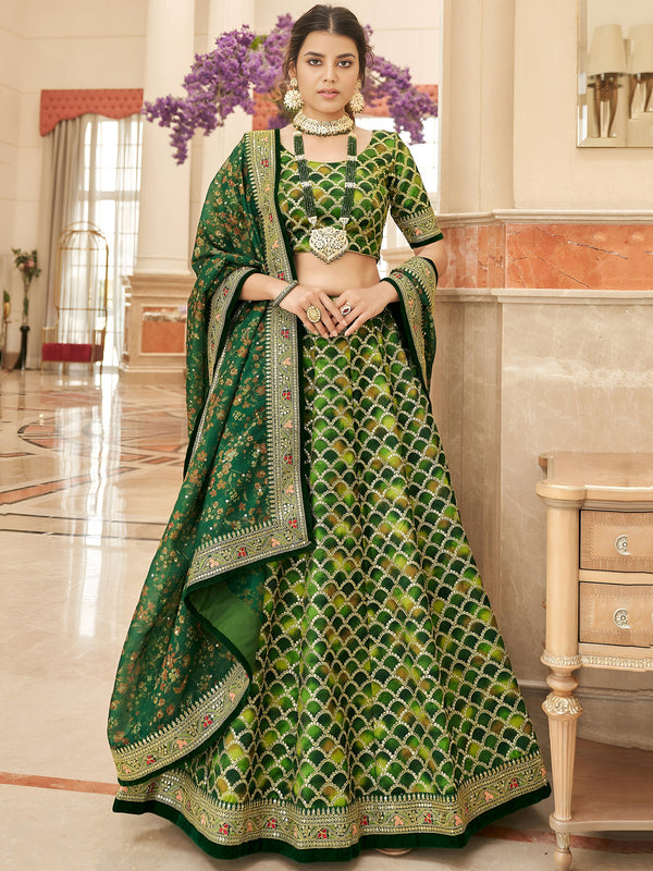 Improbable Green Sequins Art Silk Engagement Wear Lehenga Choli