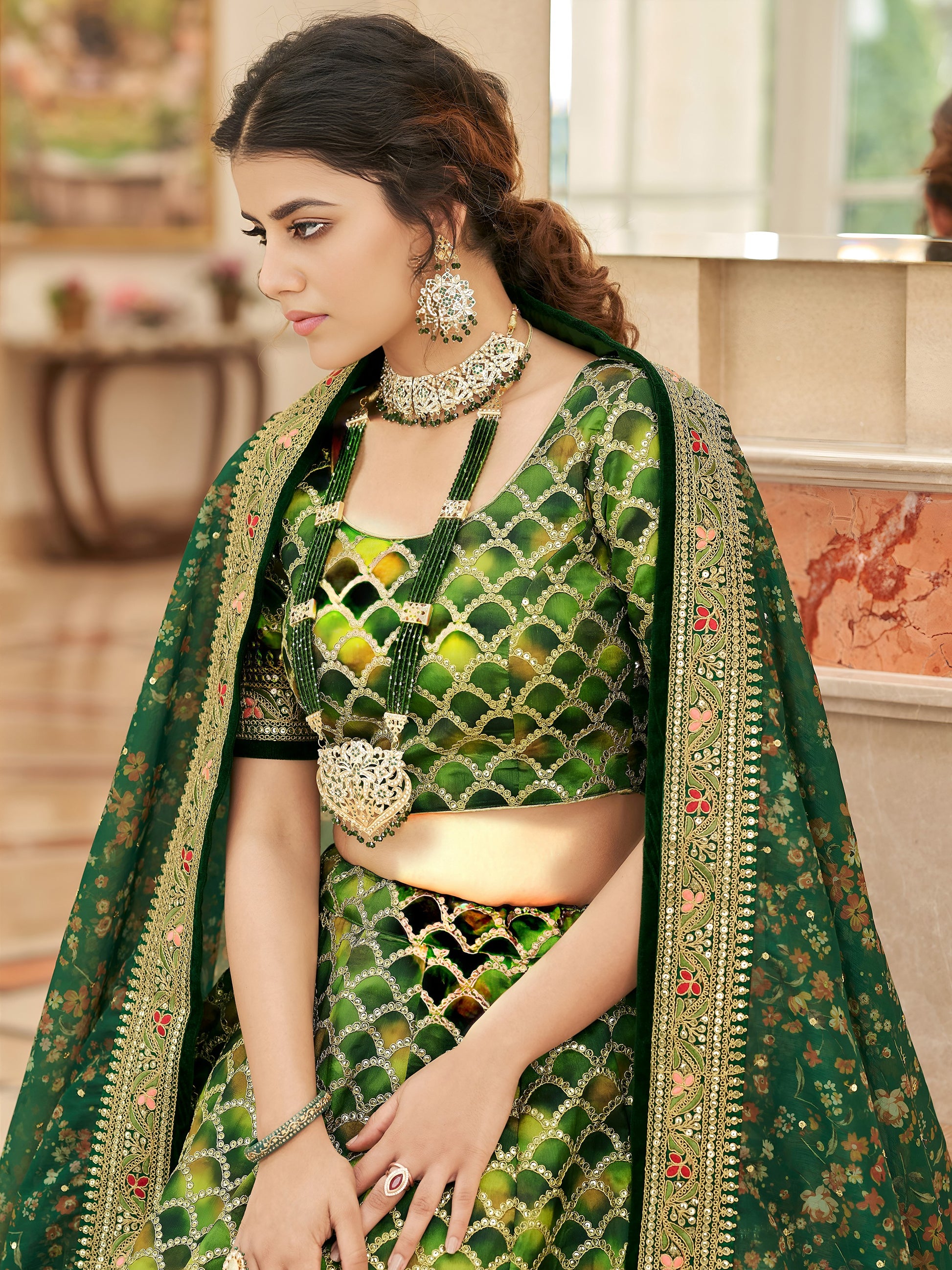 Improbable Green Sequins Art Silk Engagement Wear Lehenga Choli