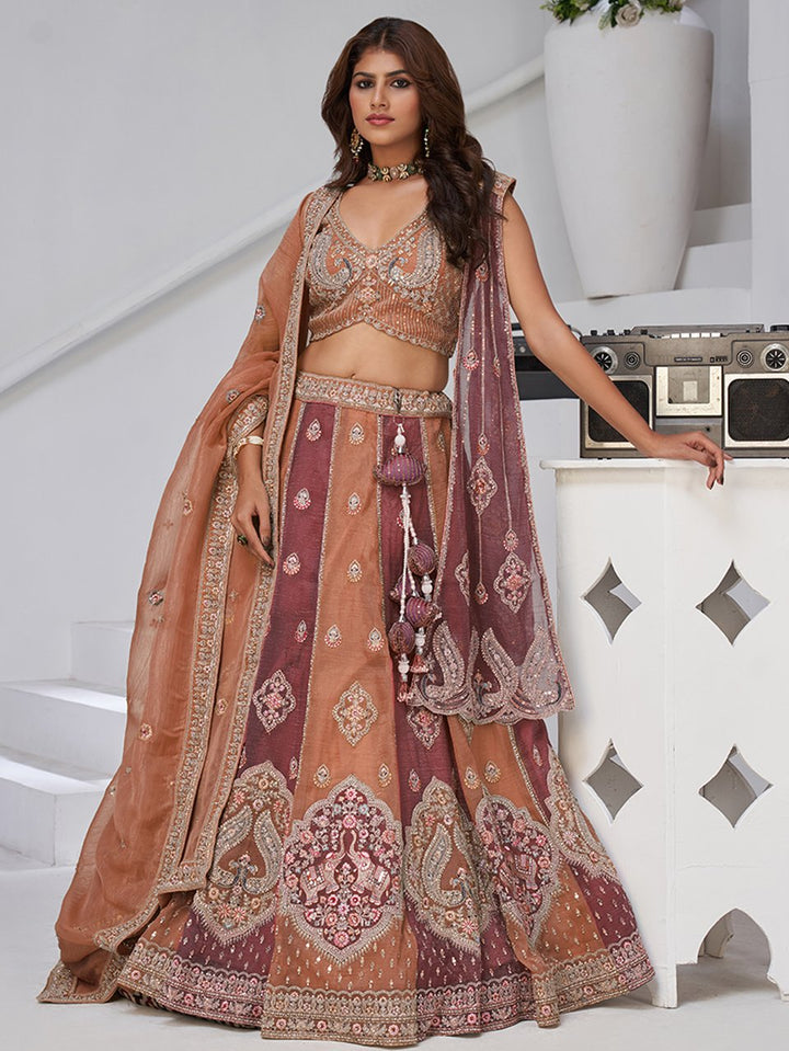 Glamorous Rust Orange Sequins Tissue Traditional Lehenga Choli With Dupatta