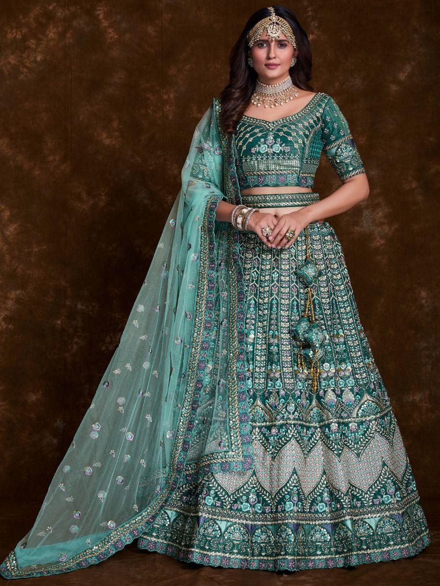 Beautiful Teal Green Sequins Art Silk Reception Wear Lehenga Choli