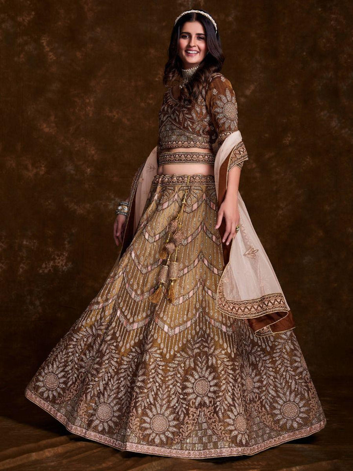 Stunning Brown Thread Embroidered Art Silk Lehenga Choli With Dupatta