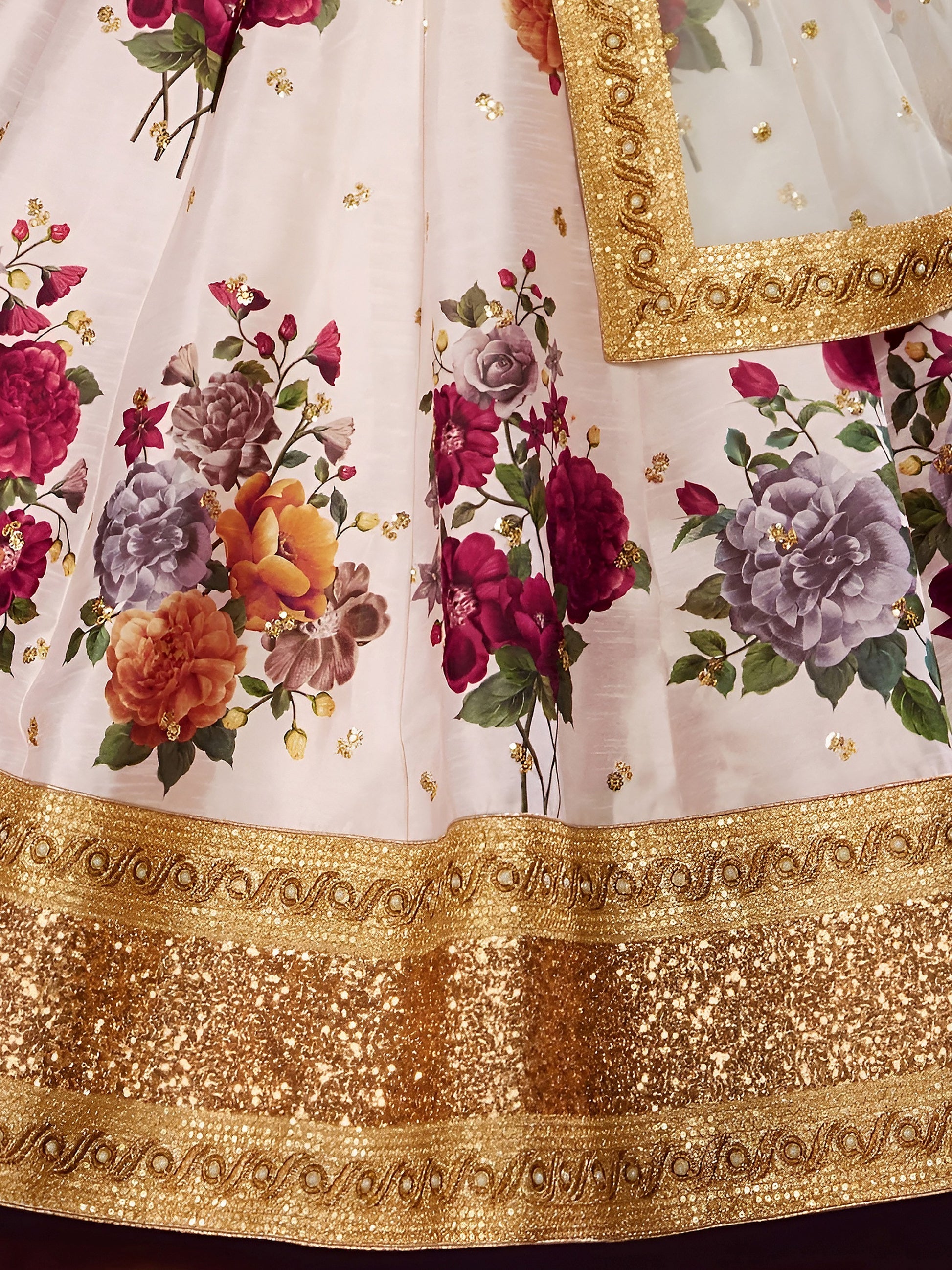 Off-White Floral Print Banglori Silk Wedding Wear Lehenga Choli
