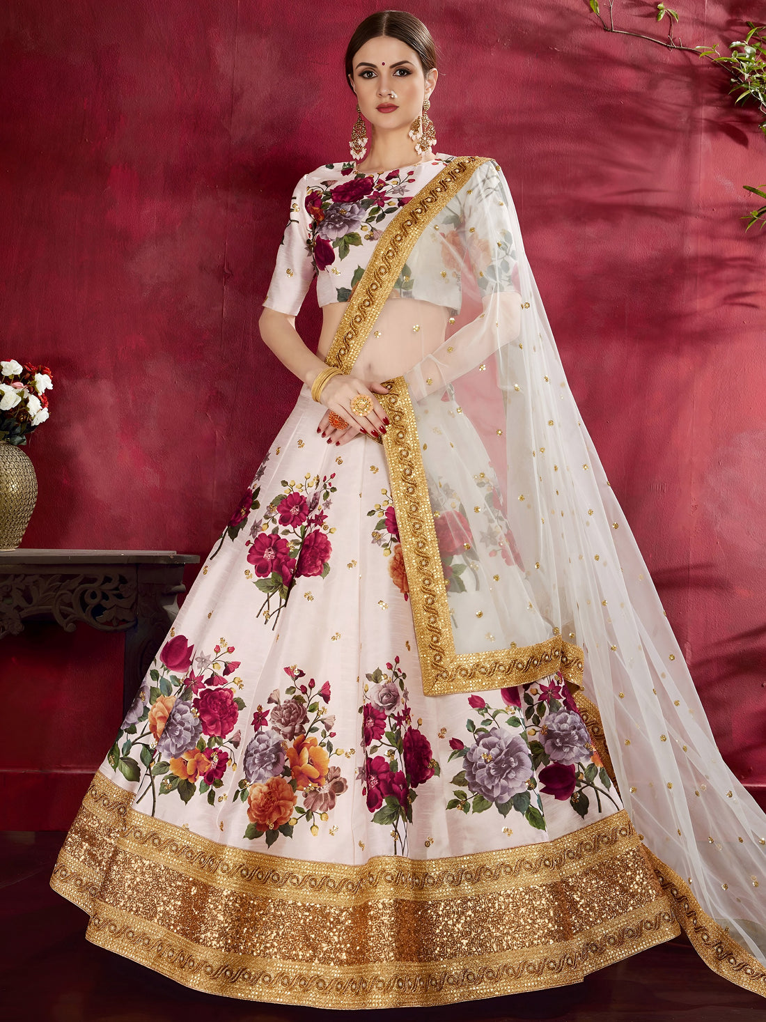 Off-White Floral Print Banglori Silk Wedding Wear Lehenga Choli